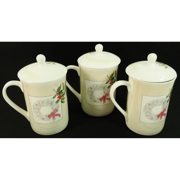 Christmas Cardinal Coffee Mugs Cups Set of 3 Lidded Sandy Clough Skye McGhie - Picture 2 of 6